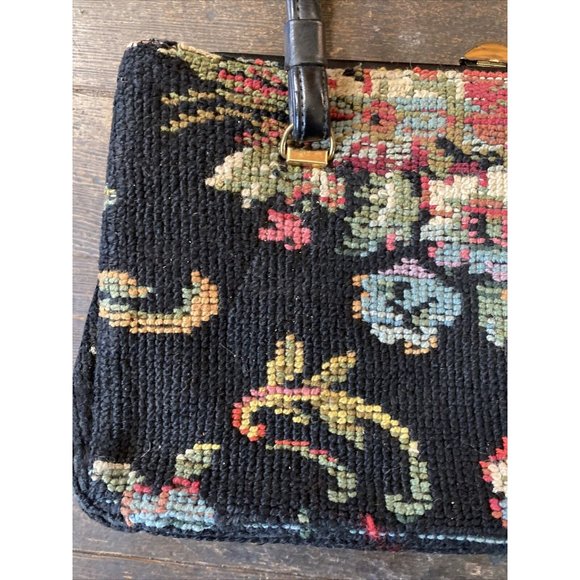 Vintage Black Floral Embroidered Needlepoint Tapestry Purse Handbag Read Below - Picture 3 of 12